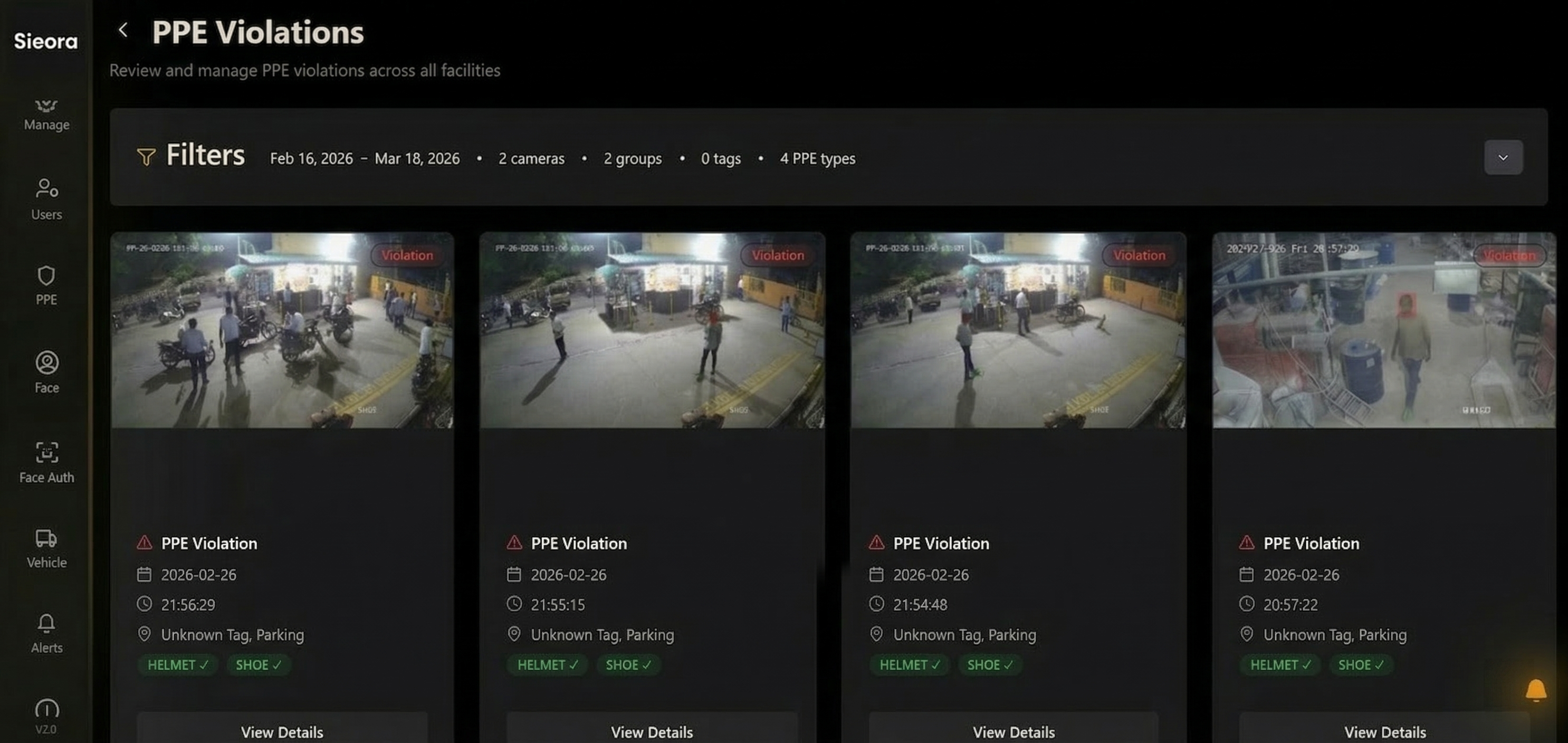Sieora AI analytics showing PPE detection, ANPR, people counting and fire smoke detection